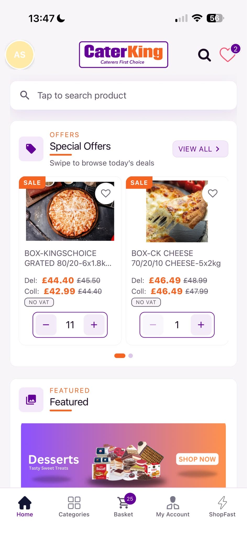 CaterKing app home screen showing Special Offers, Featured desserts, and trade pricing